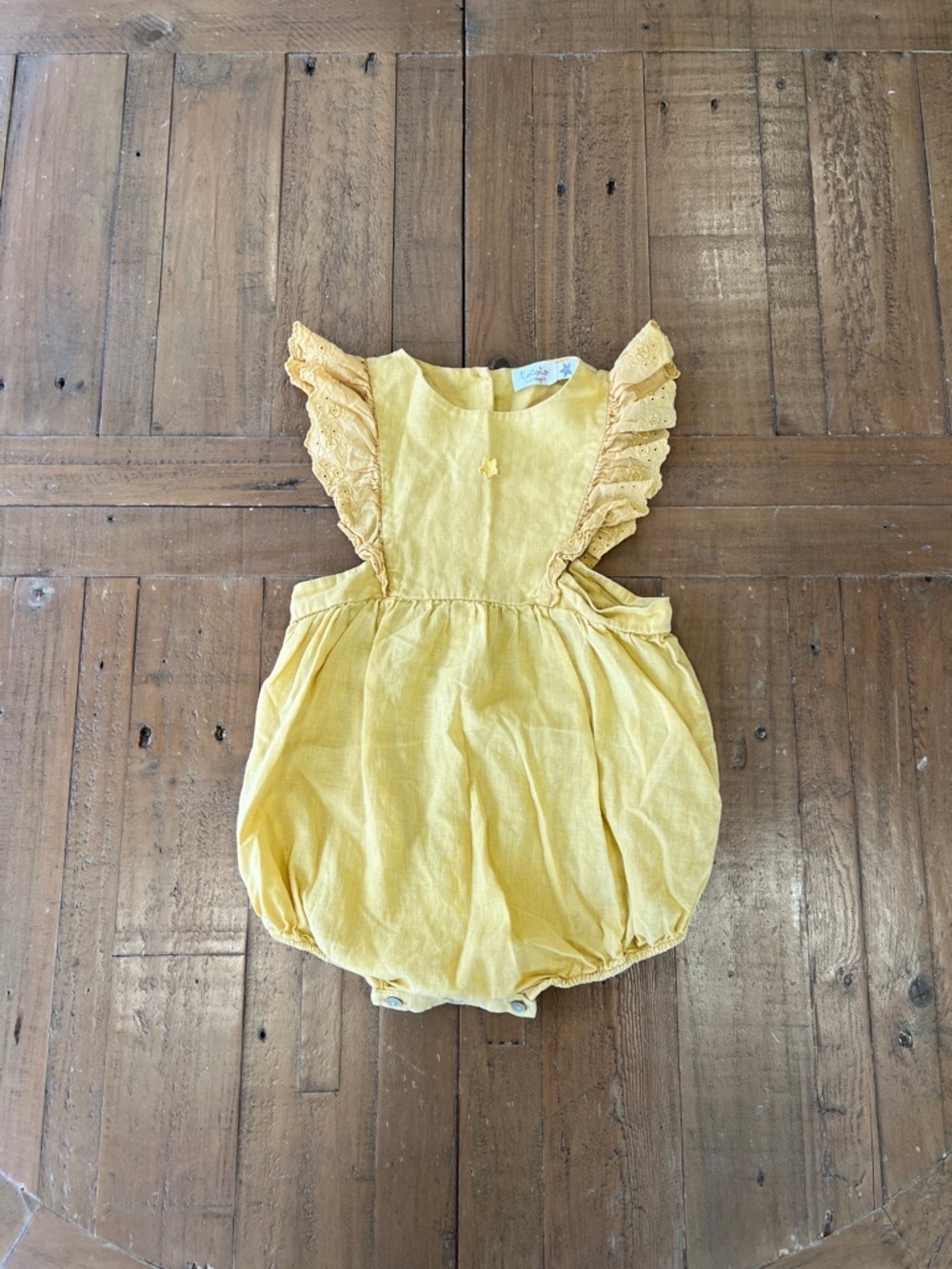 Tocoto vintage yellow linen blend eyelet ruffle bubble romper 18 months